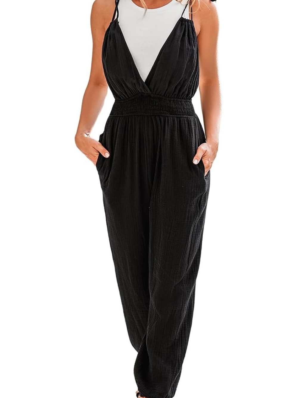 Cupshe Black Smocked-Waist Tie-Strap Jumpsuit - Picture 4 of 7